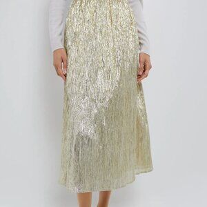 Hyacinth House Gold Metallic Plisse Gloria Maxi Skirt Women's XS